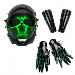 Green Glowing Skull Head Helmet With Gloves Gauntlets