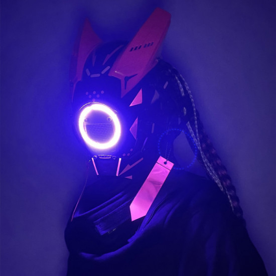 Cyberpunk Round LED Light Helmet Mask with Hair Props