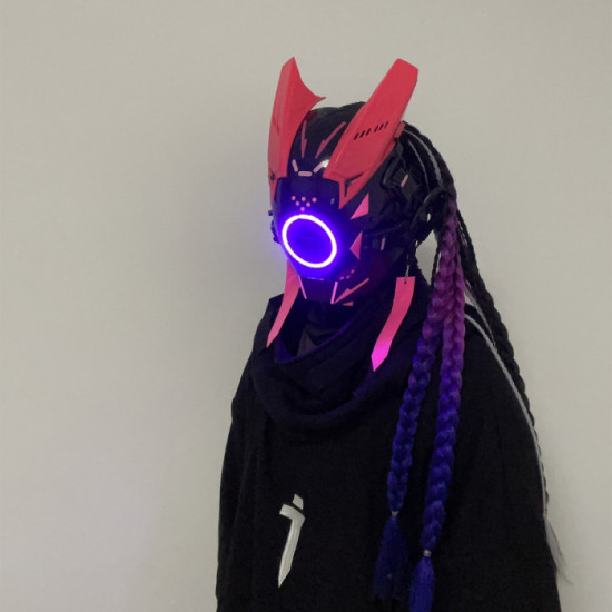 Cyberpunk Round LED Light Helmet Mask with Hair Props