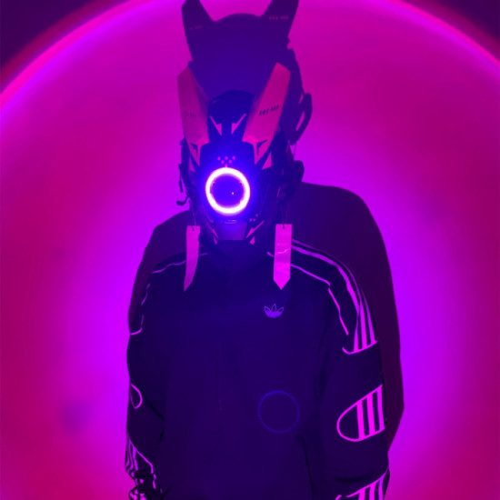 Cyberpunk Round LED Light Helmet Mask with Hair Props