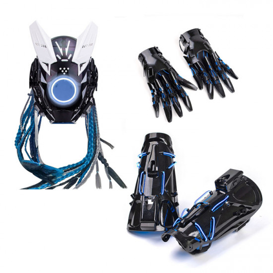 Cyberpunk Round Blue Light Mask With Gloves And Wrist Armor For Carnival Parties